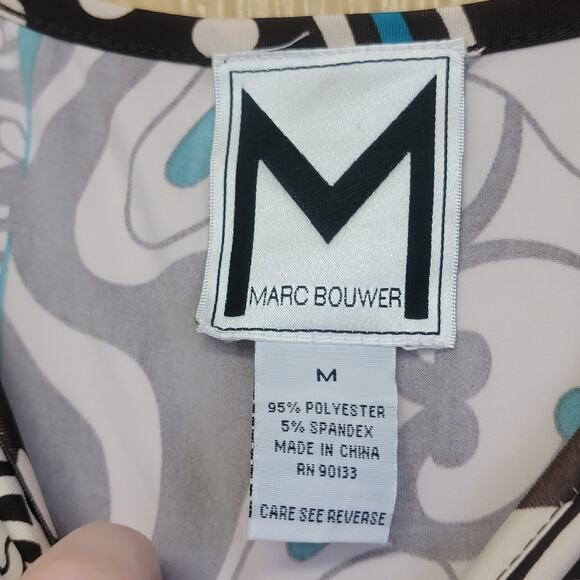 Marc Bouwer Midi Dress sz M Brown Teal Cream Geometric Floral Midi Straight - Picture 3 of 6